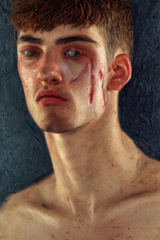 Prompt: portrait of beautiful young man, warhammer, a lot of scars, readhead, the future ages, highly detailed, artstation, illustration, art by gustav klimt, 8 k quality