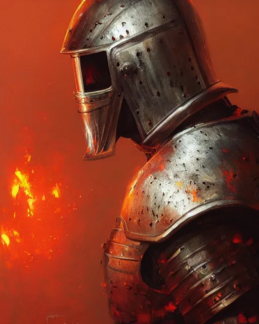 Prompt: Hyper realistic painting of a knight with armor made out of flaming embers, cracks in the armor, reflected light, red lighting, dark fantasy, fog, by greg rutkowski, trending on artstation