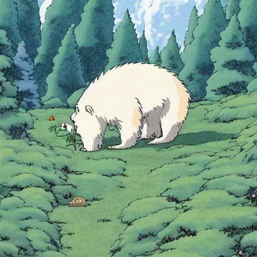 Prompt: Studio Ghibli animation by Hayao Miyazaki of a polar bear playing with a butterfly in a forest