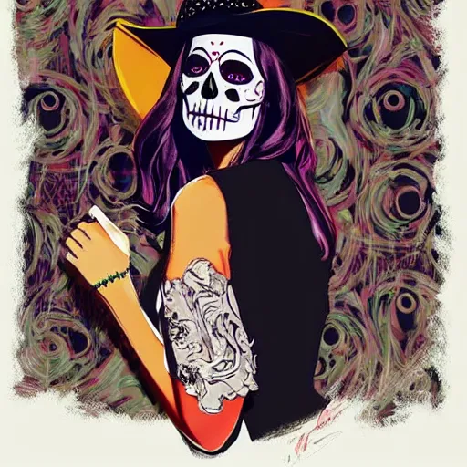 Image similar to in the style Diego Fazio and Joshua Middleton, mila kunis, skull paint, dia de Los muertos, trenchcoat, day of the dead, full body, smiling, cowboy hat