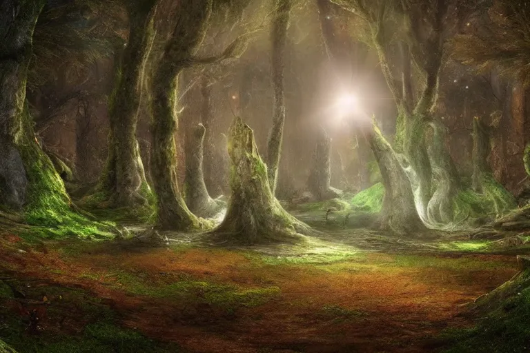 Image similar to A cosmic portal inside an enchanted forest. Cinematic lighting. Photorealism.