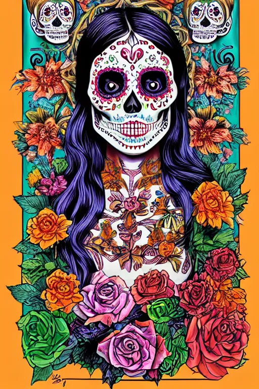 Image similar to Illustration of a sugar skull day of the dead girl, art by barclay shaw