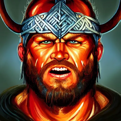 Prompt: Bright, colorful, realistic Viking rpg single individual headshot gore covered scream dramatic backlighting, kodachrome, high contrast, highly detailed, sharp focus, digital painting, concept art, illustration, trending on artstation, comic book by Alex Ross cover art