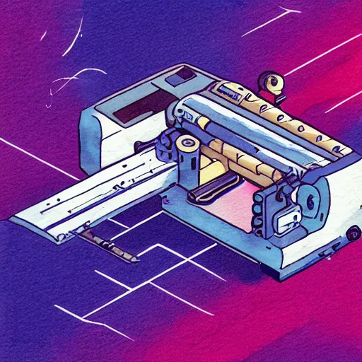 Image similar to an isometric watercolor illustration of an old printer in space, flat synthwave art style