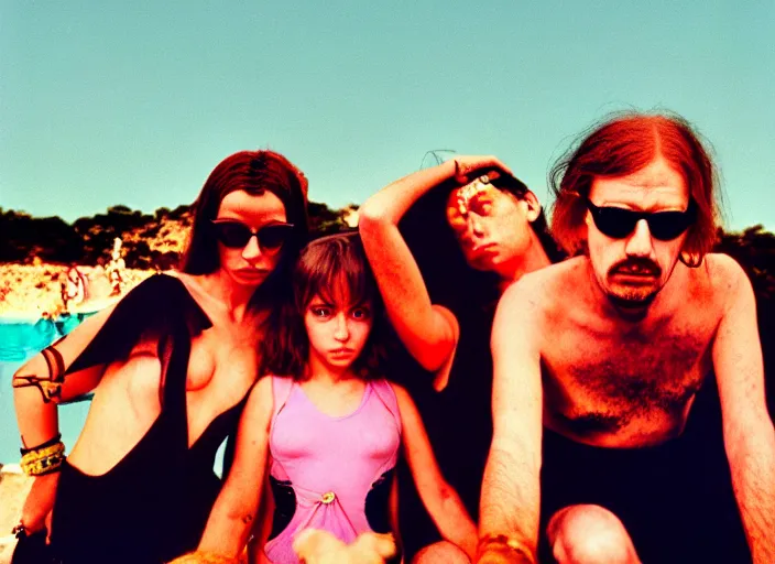 Image similar to photo of dadcore occult wizards and momcore witches on vacation in ibiza, by richard corben by william eggleston by annie leibovitz, fujifilm velvia 5 0. masterpiece. intricate, hyper realism, high detail, octane render, unreal engine, 8 k, by katsuhiro otomo