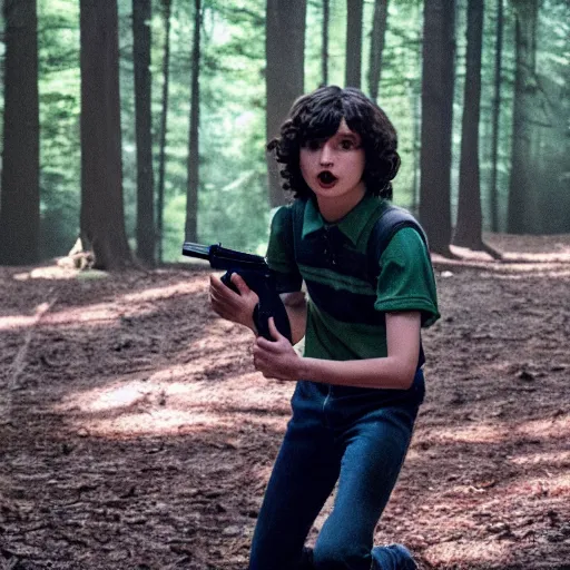 Image similar to Finn Wolfhard (Mike Wheeler) for Stranger Things holding a gun and running in a forest, dramatic lighting, cinematic, establishing shot, extremely high detail, photo realistic, cinematic lighting