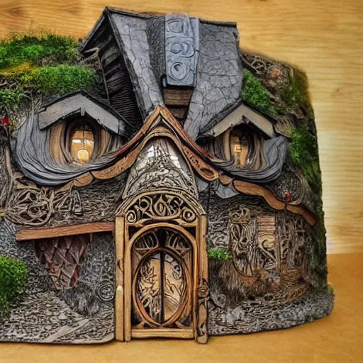 Prompt: bilbo baggins house, pyrography, insanely detailed and intricate, hypermaximalist, elegant, ornate, hyper realistic, super detailed