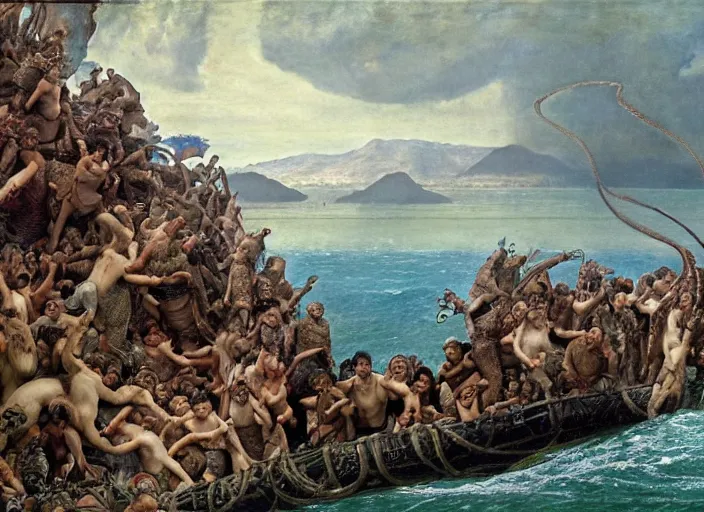 Image similar to godzilla attacking the raft of the medusa, painting by lawrance alma - tadema, by roger corman, 4 k, hyper - realistic, highly detailed