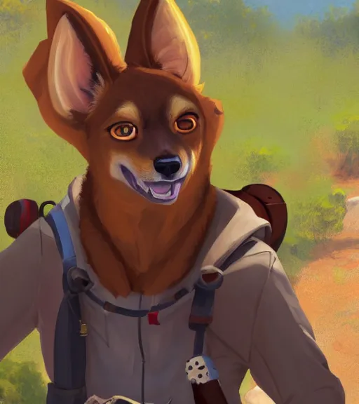 Image similar to stylized three quarters portrait concept art of the anthro anthropomorphic dingo dog head animal person fursona wearing clothes hiker adventurer standing in australia outback, hidari, color page, tankoban, 4 k, tone mapping, akihiko yoshida, clean bright happy