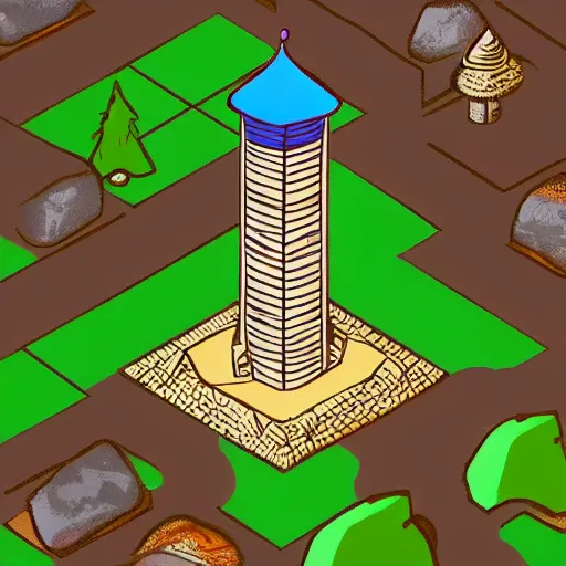 Image similar to isometric view of wizard tower, colored lineart from resource gathering game