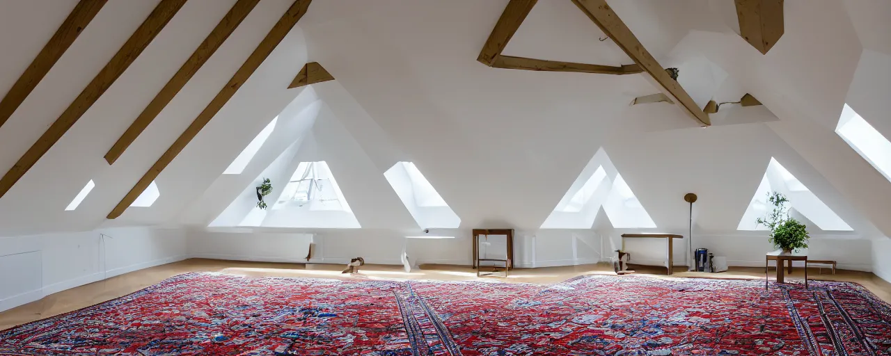 Prompt: low ceiling attic, white painted ceiling, with 2 rectangular skylights opposing each other, with a large square skylight in the back right corner of the room, with exquisite turkish and persian rugs, polished plywood floor, XF IQ4, 150MP, 50mm, F1.4, ISO 200, 1/160s, natural light