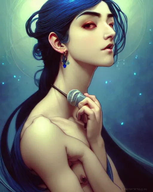 Image similar to portrait of a blue no gender djinn with a microphone, genshin impact, fantasy magic, dark light night, intricate, elegant, sharp focus, illustration, highly detailed, concept art, matte, art by wlop and artgerm and greg rutkowski and alphonse mucha and kidmo, anime, trending on artstation