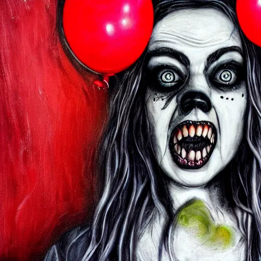 Image similar to grunge painting of billie eilish with her face split down the middle with a wide smile and a red balloon by chris leib, loony toons style, pennywise style, corpse bride style, horror theme, detailed, elegant, intricate