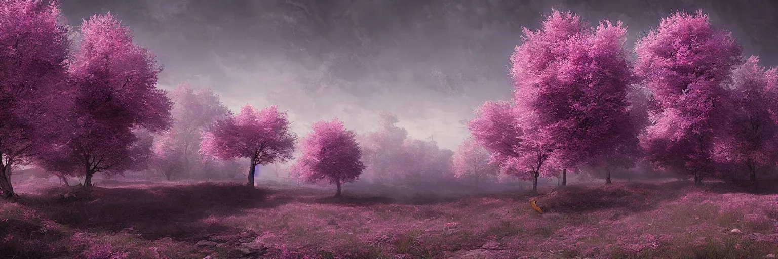 Image similar to michal karcz grunge painting of a beautiful landscape. , purple trees, detailed, elegant, intricate, 4k,