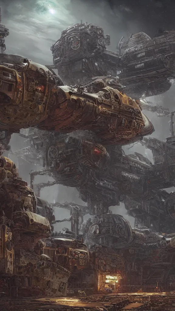 Image similar to a beautiful highly detailed matte painting of a huge derelict cargo starship, Space Hulk, WarHammer 40k by Jose Daniel Cabrera Pena and Leonid Kozienko, concept art