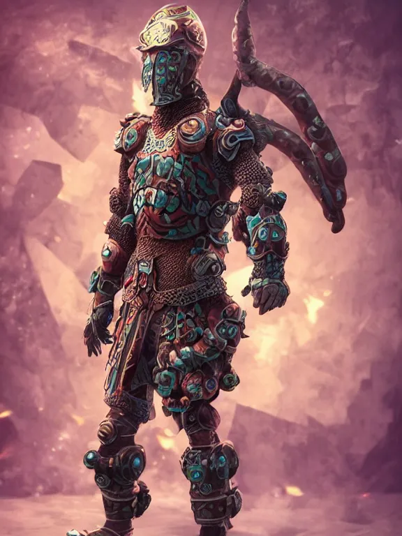 Prompt: full body frontview portrait of single warrior with octopus armour, character design, designed in blender, 4 k hd, octane render, intricate and highly detailed, coloured with lots of colour, cinematic, pose,