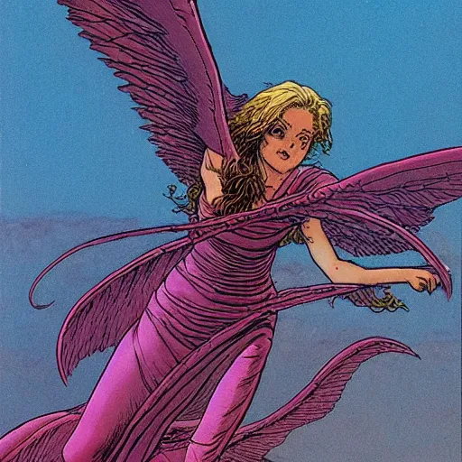 Image similar to a girl riding a winged demon flies over hell art by moebius