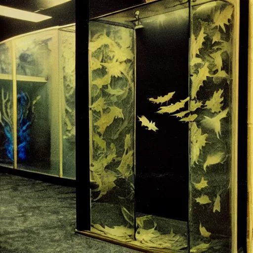 Prompt: spooky creepy liminal space, display case, aquatic exhibition science museum, dried aquarium, leaves, computer screens, backroom stairs going down under water, photo taken on 1 9 8 0 s fujifilm superia