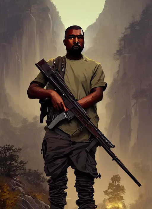 Image similar to highly detailed portrait kanye west holding rifle in gta v stephen bliss unreal engine fantasy art by greg rutkowski loish rhads ferdinand knab makoto shinkai lois van baarle ilya kuvshinov rossdraws tom bagshaw global illumination radiant light detailed intricate environment