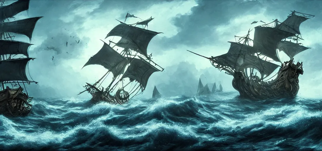 Image similar to sea monster attacking a pirate ship, cinematic, atmospheric, detailed