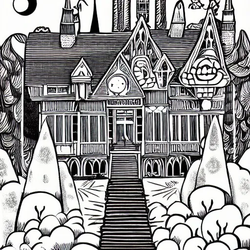 Image similar to mcbess illustration of a gothic mansion with an ansel adams backdrop