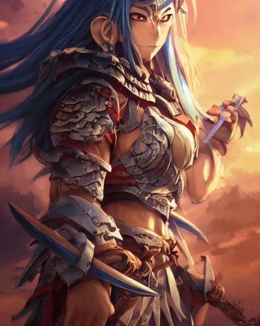 Image similar to An anime portrait of a beautiful D&D half-orc female with long wavy dark blue hair, bright orange eyes, intricate full body armour, fantasy soldier, by Stanley Artgerm Lau, WLOP, Rossdraws, James Jean, Andrei Riabovitchev, Marc Simonetti, and Sakimichan, highly detailed, ultra detailed, golden hour, trending on artstation, cgstudio