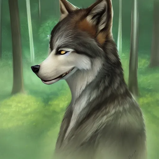 Prompt: Beautiful portrait digital painting of an anthro anthropomorphic minty wolf at a forest day time.