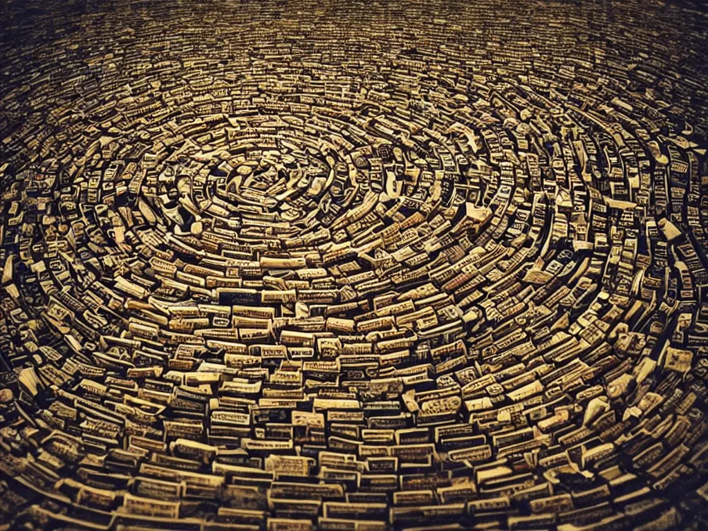 Prompt: an intricate labyrinth made of books at night, dimly lit by candlelight, dark fantasy, dreaming illusion
