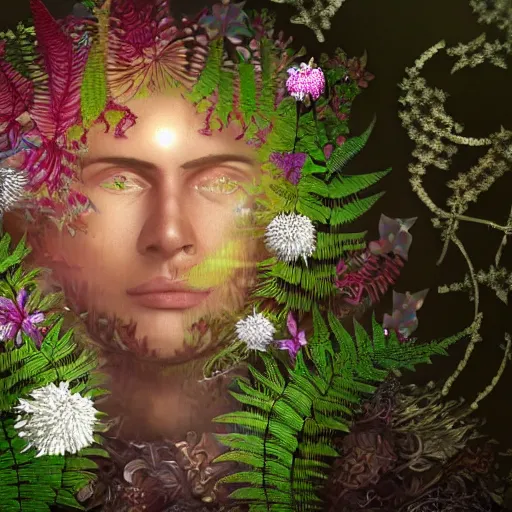 Image similar to a male knight, stern face, clear eyes, shining armour made of steel and flowers, and fractal flowery hair in a fractal garden, glowing delicate flower, berries and ferns that grow in a dark fantasy forest, full frame,