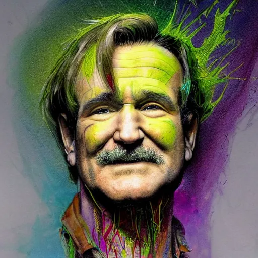 Image similar to a Demon Slayer portrait of Robin Williams, tall, pale-skinned, slender with lime green eyes and long eyelashes by Stanley Artgerm, Tom Bagshaw, Arthur Adams, Carne Griffiths, trending on Deviant Art, street art, face enhance, chillwave, maximalist, full of color, glittering