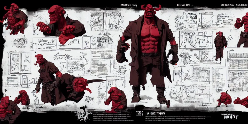 Image similar to hellboy, character sheet, concept design, contrast, kim jung gi, greg rutkowski, zabrocki, karlkka, jayison devadas, trending on artstation, 8 k, ultra wide angle, pincushion lens effect