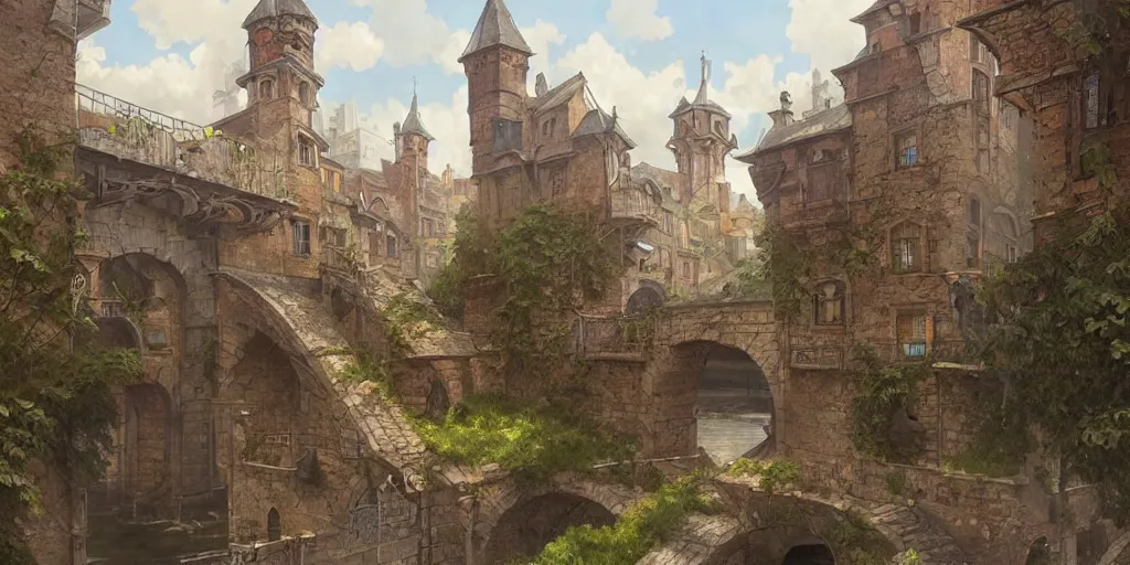 Image similar to empty medieval port town overgrown aqueduct running into the town square pokemon sword and sheild, bright future, social realism, highly detailed, digital painting, artstation, concept art, matte, sharp focus, illustration, art by artgerm and greg rutkowski and alphonse mucha