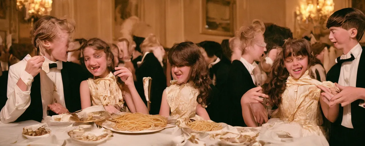 Prompt: a cotillion dance with two young people in fancy outfits, eating spaghetti, canon 5 0 mm, high detail, intricate, cinematic lighting, photography, wes anderson, film, kodachrome