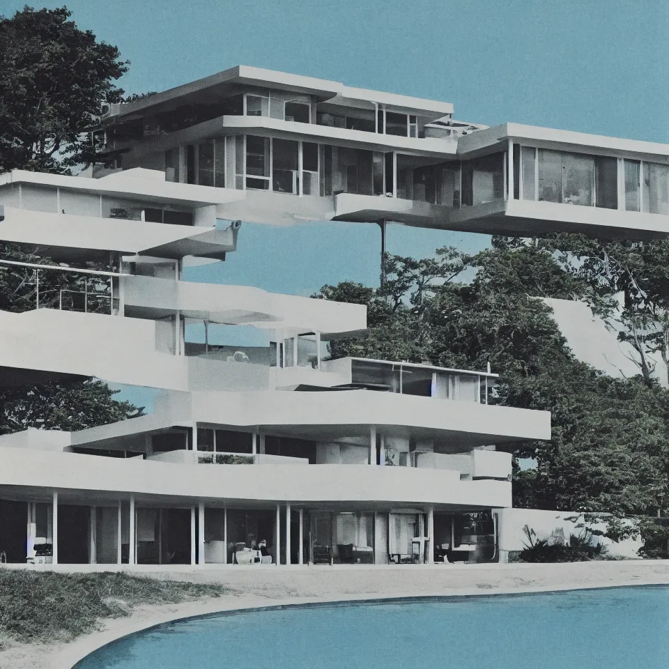 Image similar to architecture ad for a mid-century modern house on the beach, designed by Miles van der rohe. Film grain, cinematic, colorized, blue hue