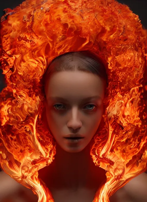 Image similar to sculpture made of flame, portrait, female, future, torch, fire, harper's bazaar, vogue, fashion magazine, intricate, concept art, close up, ornate, luxury, elite, elegant, trending on artstation, by ruan jia, by Kenneth Willardt, by ross tran, by WLOP, by Andrei Riabovitchev,