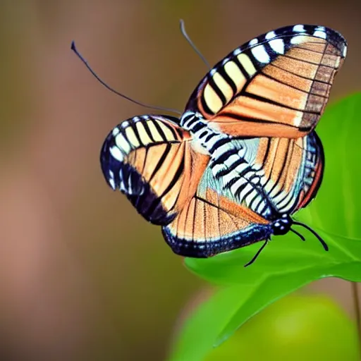 Prompt: a extreme macro photo of a butterfly with zebra patterns resting on a leaf in the garden, background bokeh