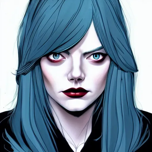 Image similar to Emma Stone vampire:: in the style of Joshua Middleton comic art:: symmetrical face symmetrical eyes