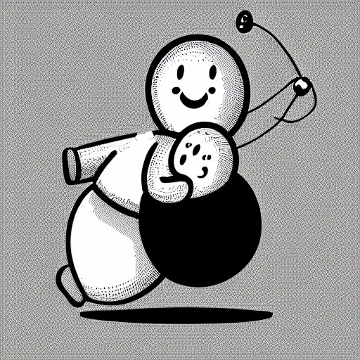 Prompt: book illustration of a balloon character holding a inflated human by a string, book illustration, monochromatic, white background, black and white image