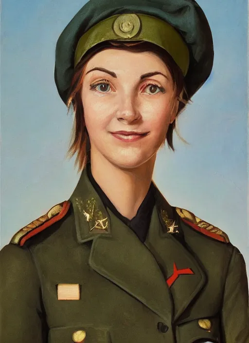 Prompt: portrait bust of young woman with light brown hair and hazel eyes dressed in a sharp dark teal military uniform with beret, saluting, smiling at camera, ilya kuvshinov