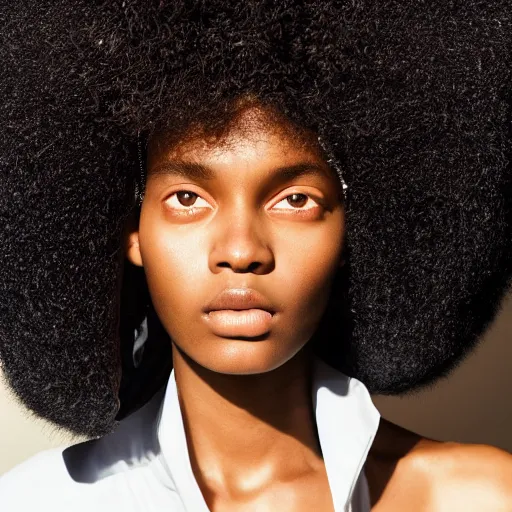 Prompt: close up of face of a black fashion model with large afro at the edge of active etna vulcan, official valentino editorial, highly detailed