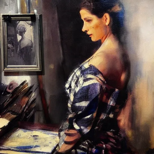 Image similar to extraordinary portrait : mata hari in checked shirt, modern hairstyle, blonde, in her art studio. precise detail. art by anders zorn, wonderful masterpiece by greg rutkowski, beautiful cinematic light, american romanticism by greg manchess, jessica rossier