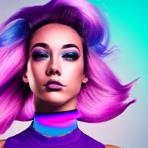 Image similar to a award winning action upper body portrait of a beautiful woman with a ombre purple pink hairstyle with head in motion and hair flying, choker, outrun, vaporware, vivid colors, highly detailed, fine detail, intricate