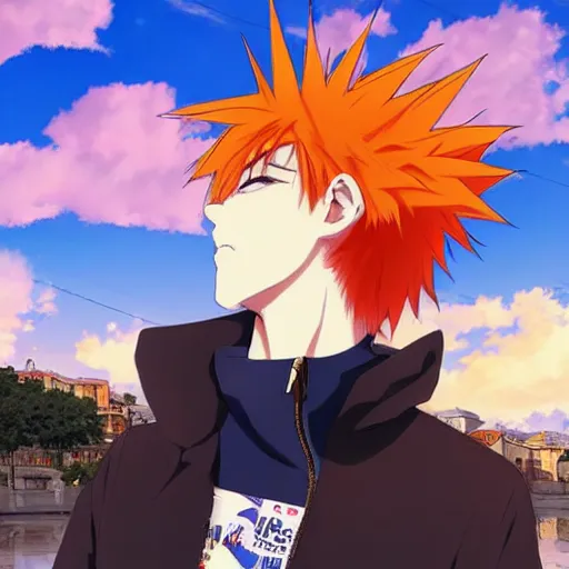 Image similar to orange - haired anime boy, 1 7 - year - old anime boy with wild spiky hair, wearing blue jacket, golden hour, partly cloudy sky, red clouds, orange sky, old town, strong lighting, strong shadows, vivid hues, ultra - realistic, sharp details, subsurface scattering, intricate details, hd anime, 2 0 1 9 anime