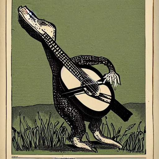 Image similar to a vintage illustration of an alligator playing a banjo