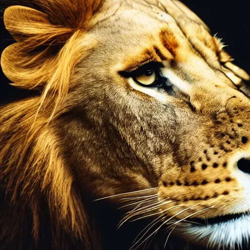 Image similar to high quality studio photography of a lion wearing ancient gold crown, solid background