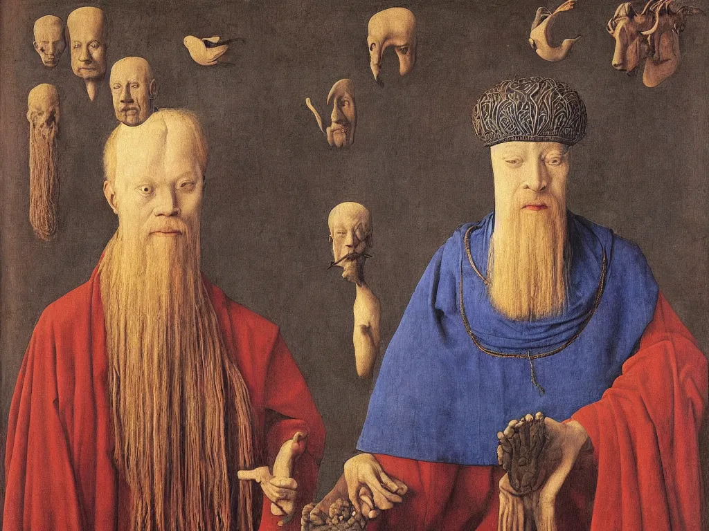 Image similar to Portrait of albino mystic with blue eyes, with Gandhara sculpted heads. Painting by Jan van Eyck, Audubon, Rene Magritte, Agnes Pelton, Max Ernst, Walton Ford