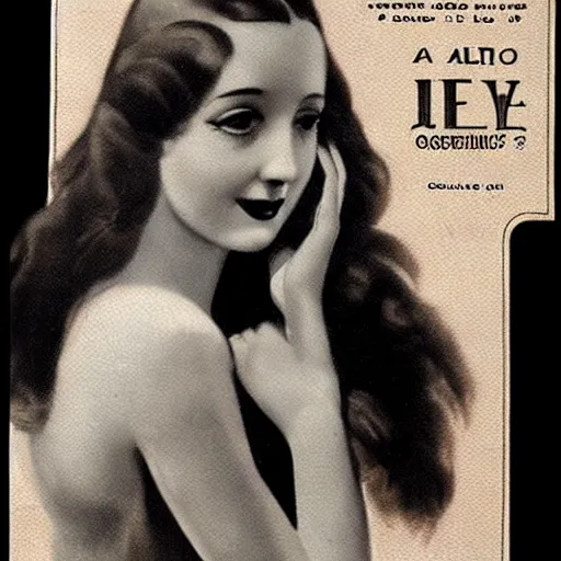 Prompt: a beautiful girl with long dark hair poses for gauloises cigarettes, 1 9 3 0 s advertising poster