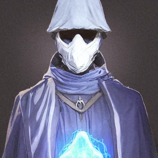 Image similar to a color pencil sketch of a mysterious plague doctor with a white mask wearing a blue wisards robe, concept art, by greg rutkowski and makato shinkai, by melmoth zdzislaw belsinki craig mullins yoji shinkawa, black light, semi - realistic render, pencil, paint smears, realistic manga, dramatic lighting, d & d design