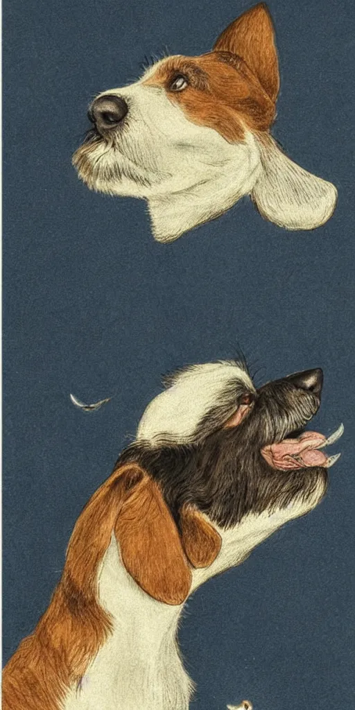 Image similar to portrait of jack russel dog looking up and howling with mouth open sad, night sky, highly detailed, side view, illustrated by peggy fortnum and beatrix potter and sir john tenniel