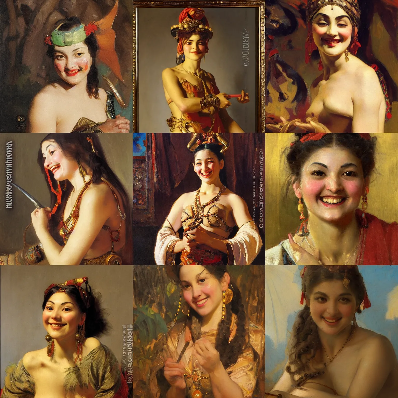 Prompt: orientalism painting of a cute woman with goofy smile face detail by theodore ralli and nasreddine dinet and anders zorn and edwin longsden long, bronze age, sword and sorcery, oil on canvas, masterful intricate artwork, excellent lighting, high detail 8 k